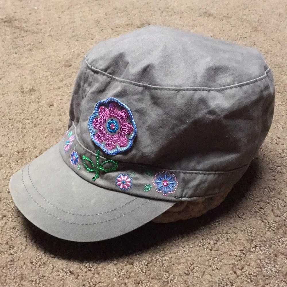 Cap Girls size 7 -8 baseball style hat brown floral EUC -like new